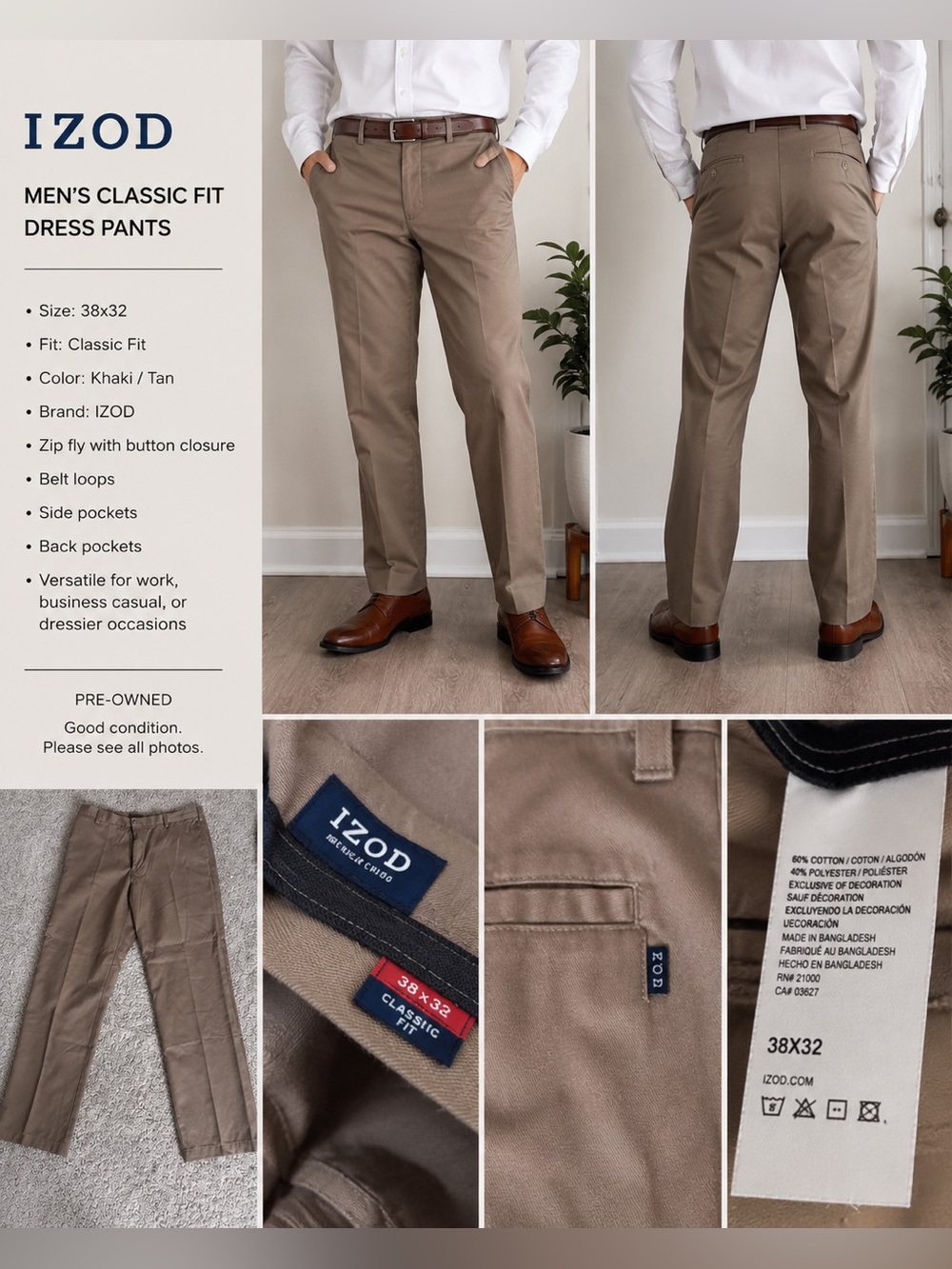 IZOD Men’s Classic Fit Dress Pants Khaki/Tan 38x32